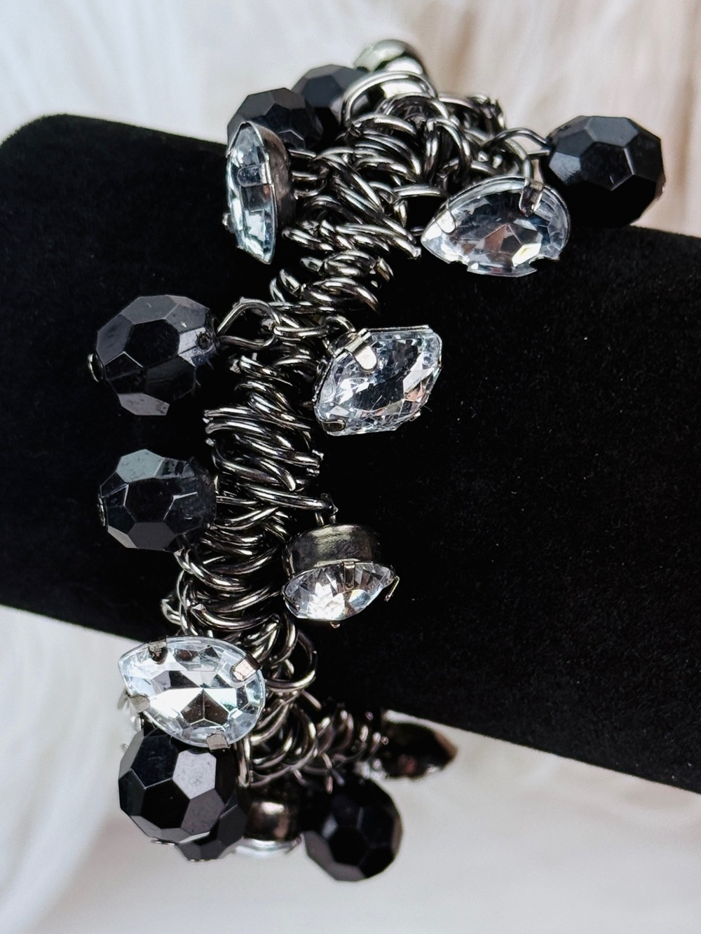 Black Gunmetal and Silvertone Bling Beaded Stretch Bracelet